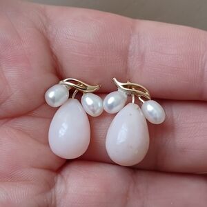 14k Pink Opal Drop And  Pearl  Earrings